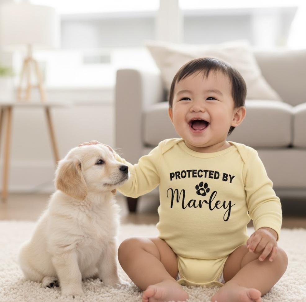Personalized "Protected By Dog" Onesie, Custom Sparkle Glitter
