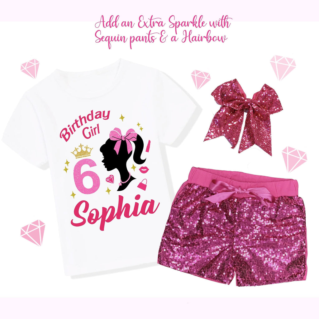 Sparkle Glitter Doll Birthday Outfit, Spa Birthday, Sequin Shorts or Bellbottoms, Hairbow