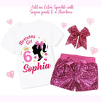 Sparkle Glitter Doll Birthday Outfit, Spa Birthday, Sequin Shorts or Bellbottoms, Hairbow