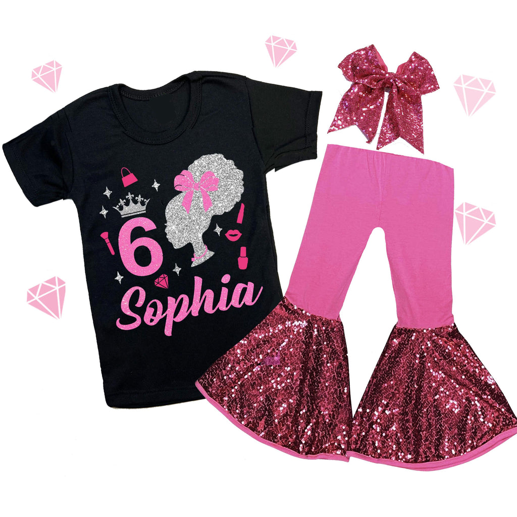 Custom Sparkle Glitter Doll Birthday Outfit, Spa Birthday, Sequin Shorts or Bellbottoms, Hairbow