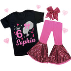 Custom Sparkle Glitter Doll Birthday Outfit, Spa Birthday, Sequin Shorts or Bellbottoms, Hairbow