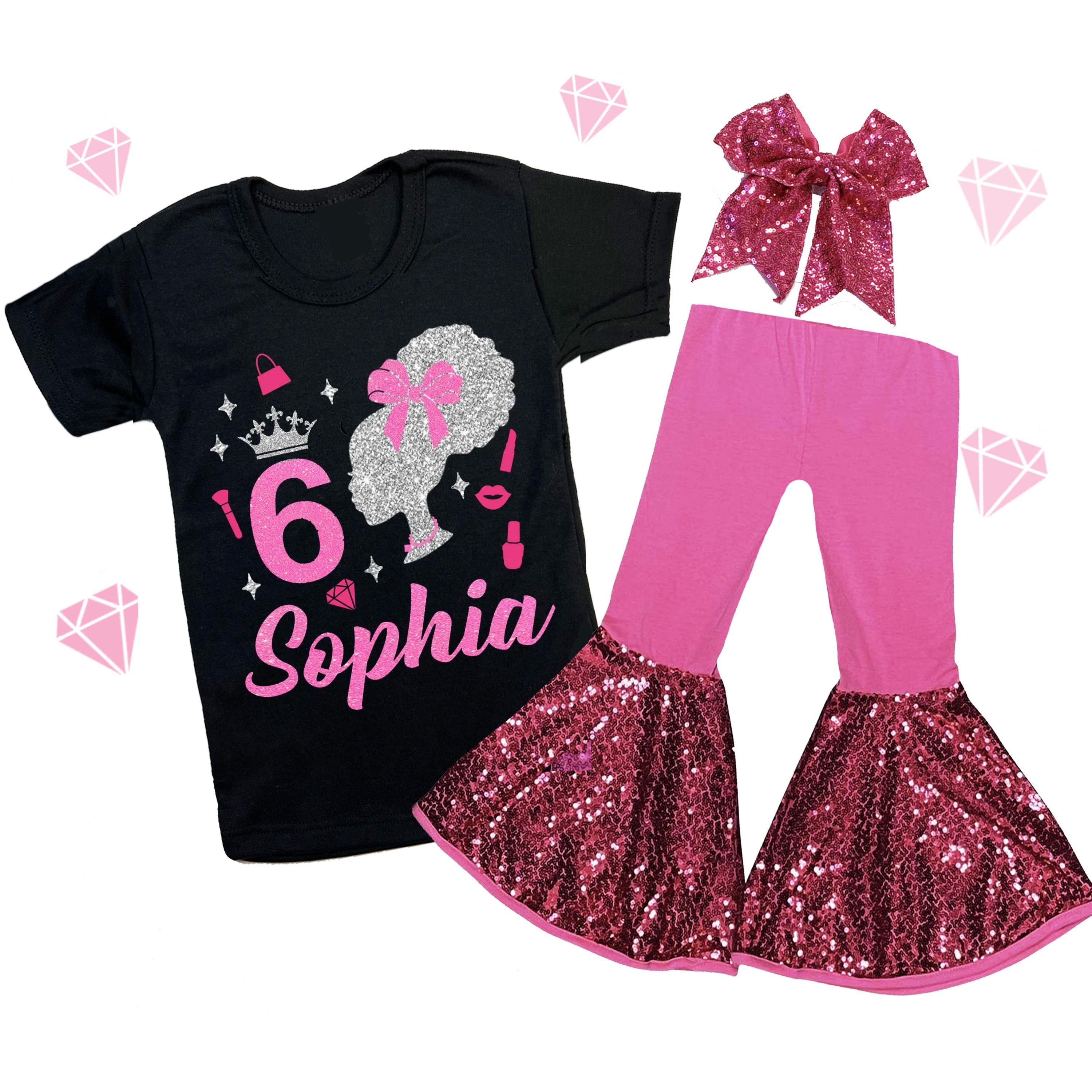 Custom Sparkle Glitter Doll Birthday Outfit, Spa Birthday, Sequin Shorts or Bellbottoms, Hairbow