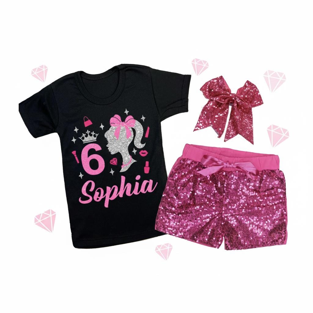 Custom Sparkle Glitter Doll Birthday Outfit, Spa Birthday, Sequin Shorts or Bellbottoms, Hairbow