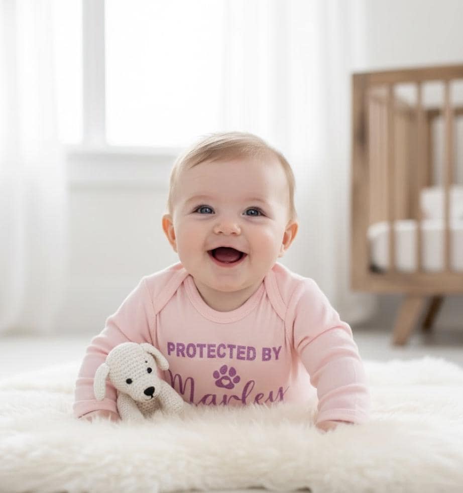 Personalized "Protected By Dog" Onesie, Custom Sparkle Glitter