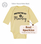 Personalized "Protected By Dog" Onesie, Custom Sparkle Glitter