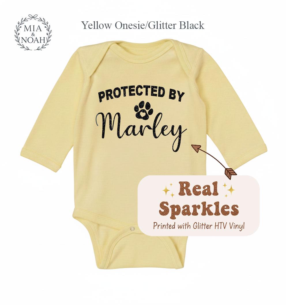 Personalized "Protected By Dog" Onesie, Custom Sparkle Glitter