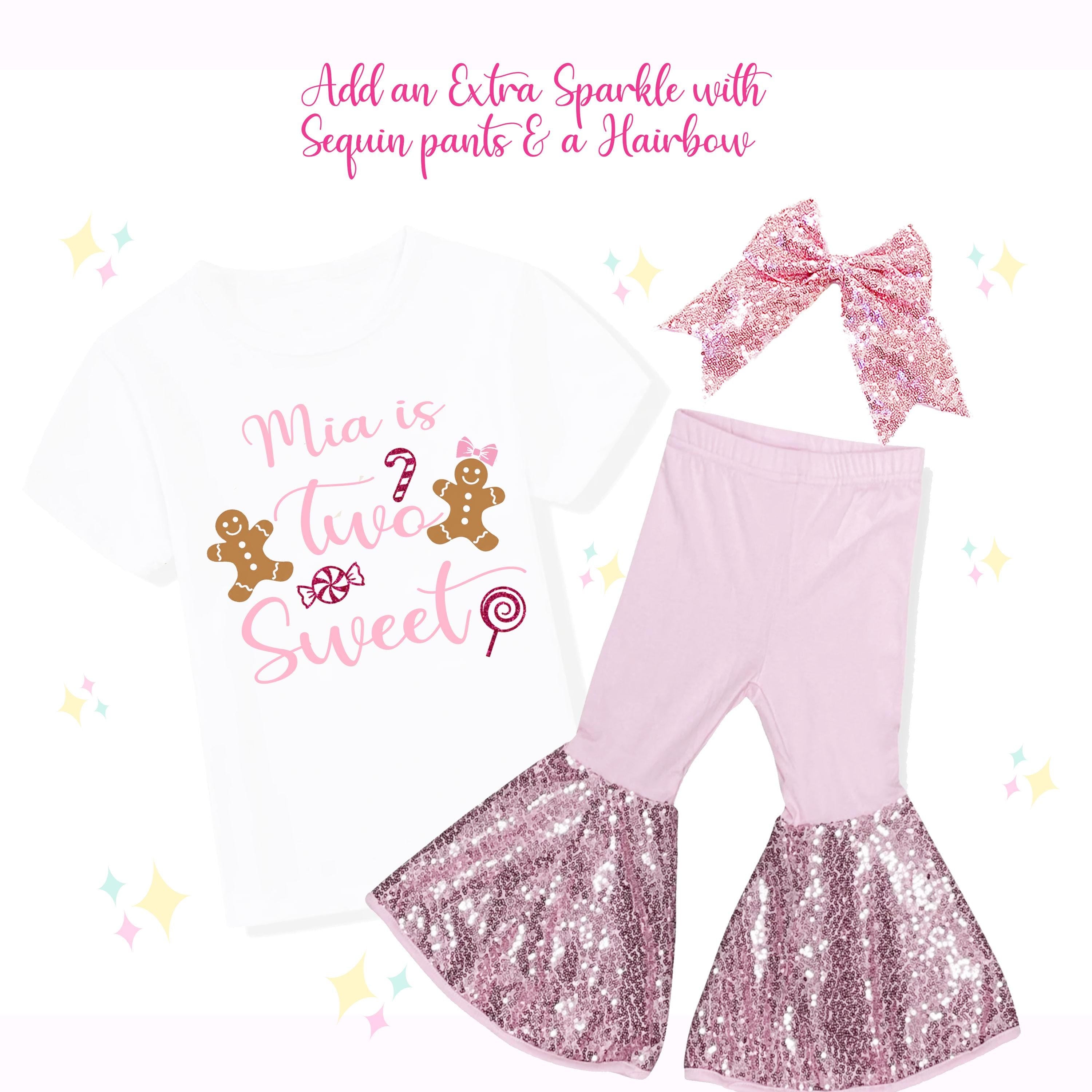 Sparkly Two Sweet, 2nd Birthday, Christmas Theme, Gingerbread Girl Shirt, Sparkle Bellbottoms, Matching Hairbow