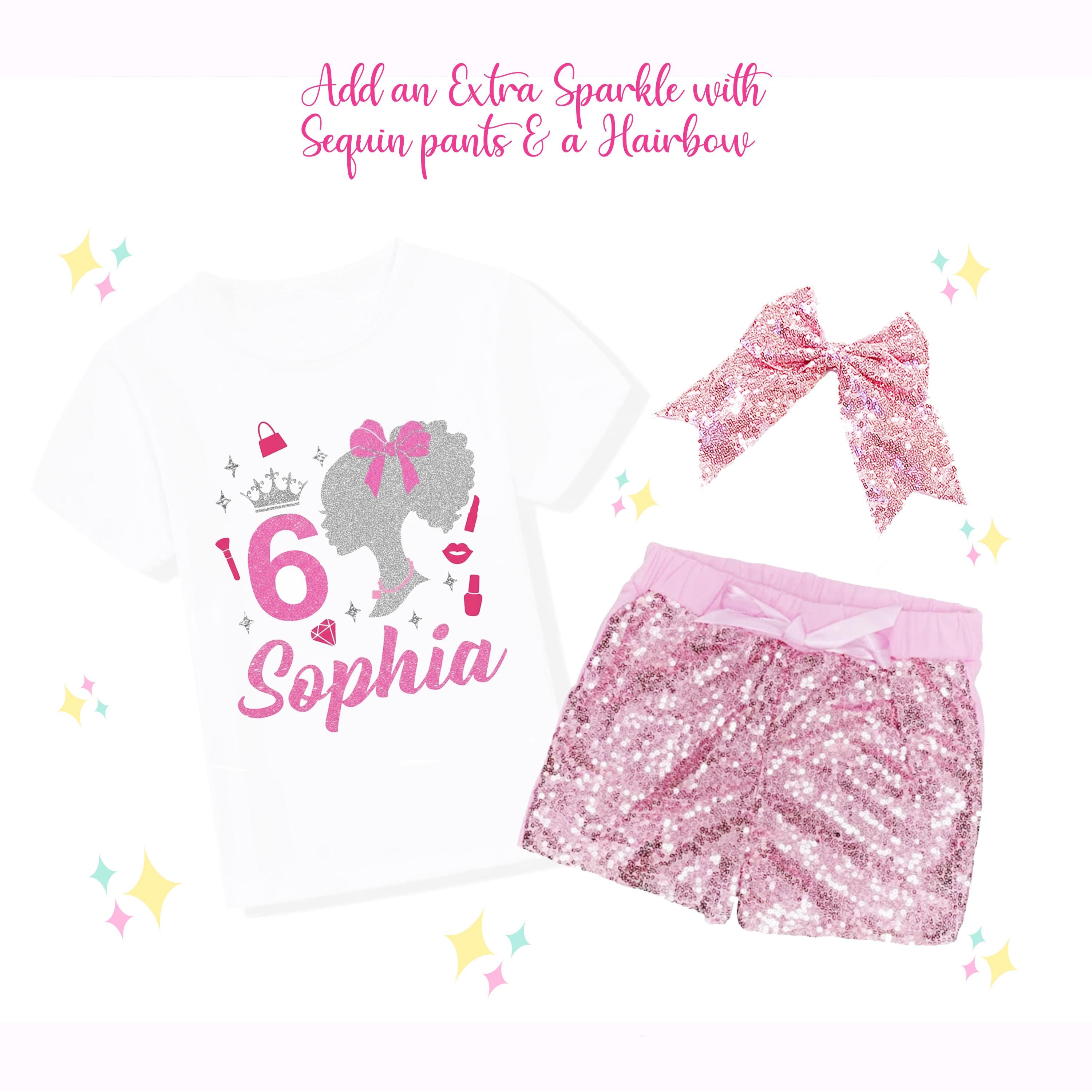 Custom Sparkle Glitter Doll Birthday Outfit, Spa Birthday, Sequin Shorts or Bellbottoms, Hairbow