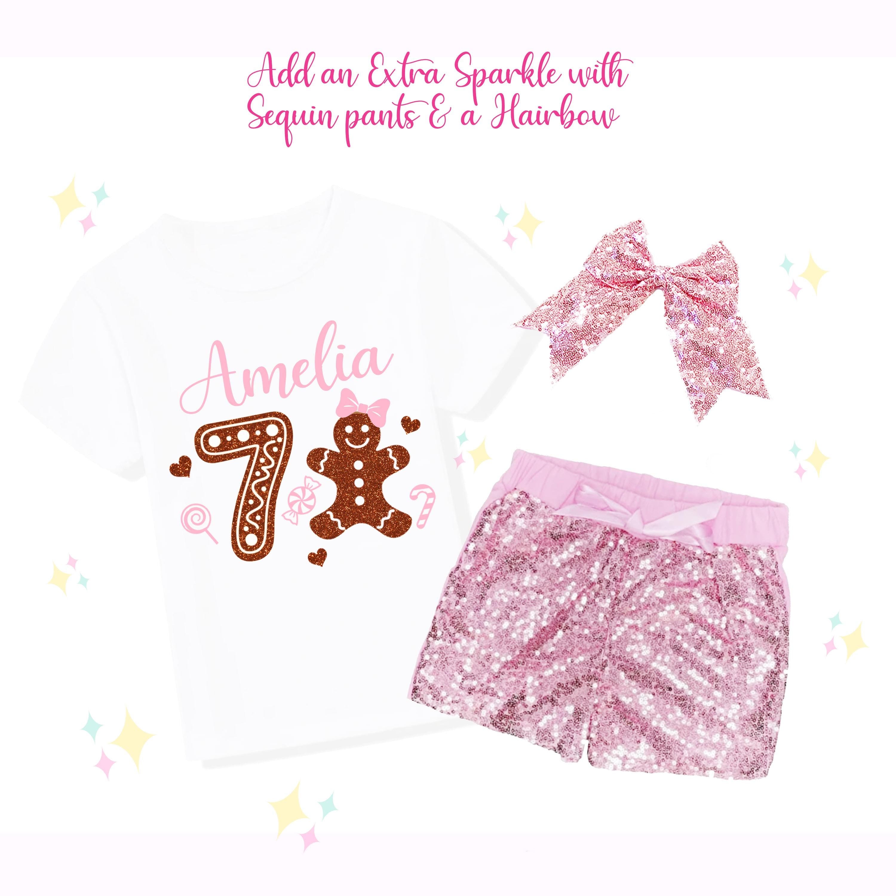Custom Gingerbread Birthday Outfit, Custom Sparkle Glitter Shirt, Sequin Bellbottoms, Hairbow