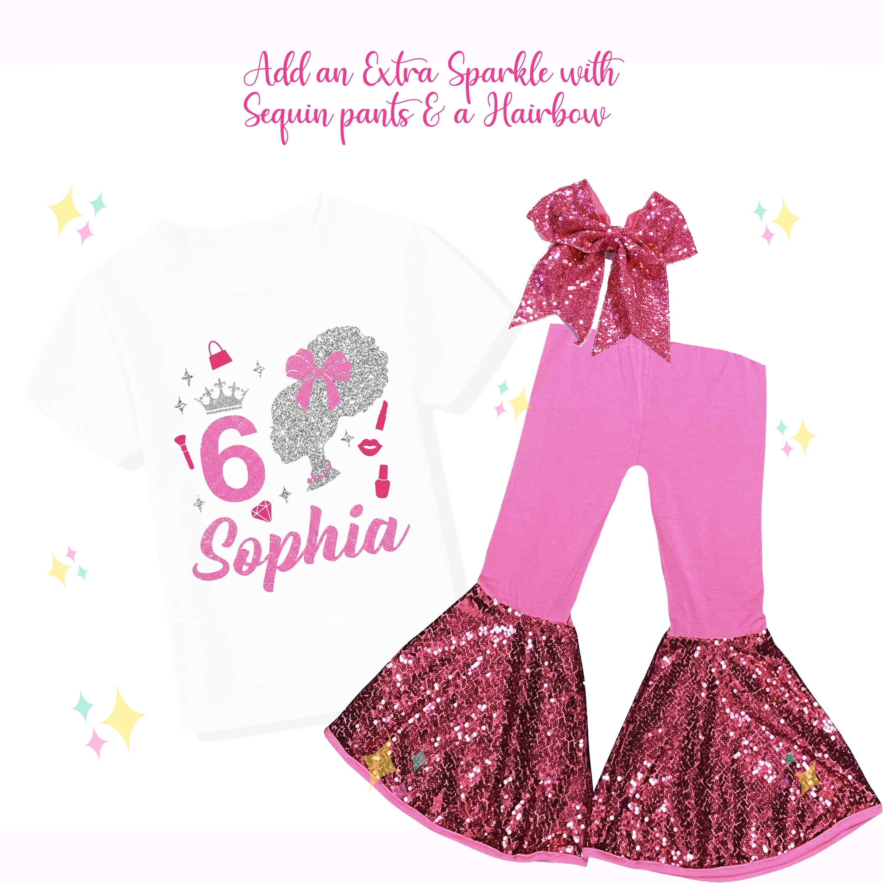 Sparkle Glitter Afro Doll Birthday Outfit, Personalized Birthday Shirt, Spa Birthday, Sequin Shorts or Bellbottoms, Hairbow - Pink