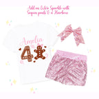 Custom Gingerbread Birthday Outfit, Custom Sparkle Glitter Shirt, Sequin Bellbottoms, Hairbow