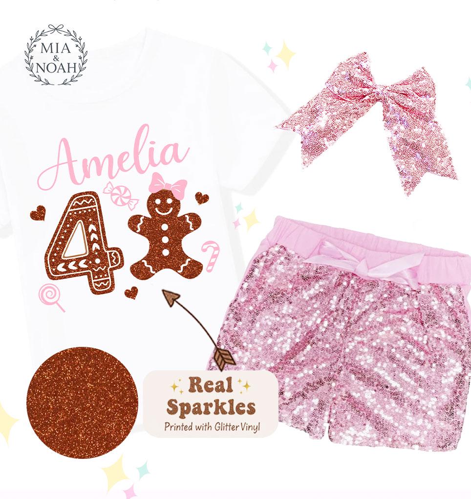 Custom Gingerbread Birthday Outfit, Custom Sparkle Glitter Shirt, Sequin Bellbottoms, Hairbow