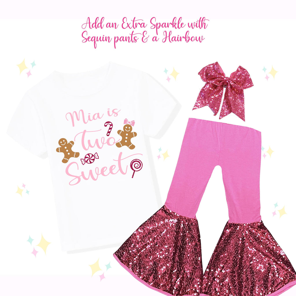 Sparkly Two Sweet, 2nd Birthday, Christmas Theme, Gingerbread Girl Shirt, Sparkle Bellbottoms, Matching Hairbow
