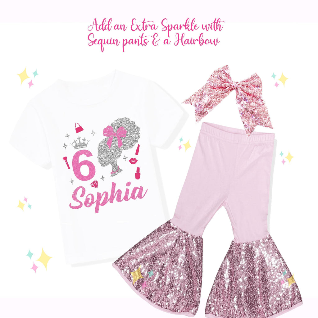 Sparkle Glitter Afro Doll Birthday Outfit, Personalized Birthday Shirt, Spa Birthday, Sequin Shorts or Bellbottoms, Hairbow - Light Pink