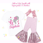 Sparkle Glitter Afro Doll Birthday Outfit, Personalized Birthday Shirt, Spa Birthday, Sequin Shorts or Bellbottoms, Hairbow - Light Pink