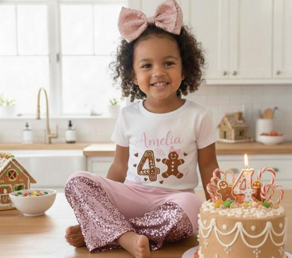 Custom Gingerbread Birthday Outfit, Custom Sparkle Glitter Shirt, Sequin Bellbottoms, Hairbow