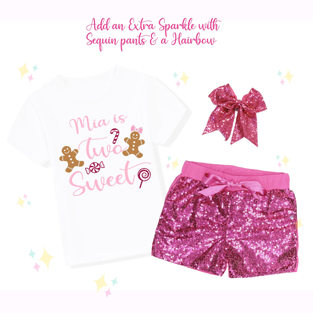 Sparkly Two Sweet, 2nd Birthday, Christmas Theme, Gingerbread Girl Shirt, Sparkle Bellbottoms, Matching Hairbow