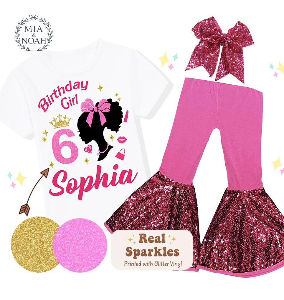 Sparkle Glitter Doll Birthday Outfit, Spa Birthday, Sequin Shorts or Bellbottoms, Hairbow