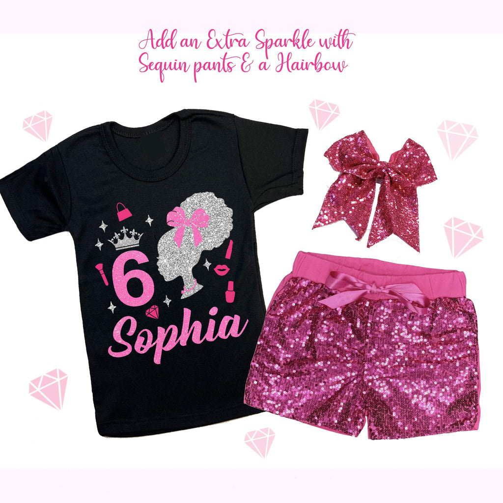 Custom Sparkle Glitter Doll Birthday Outfit, Spa Birthday, Sequin Shorts or Bellbottoms, Hairbow