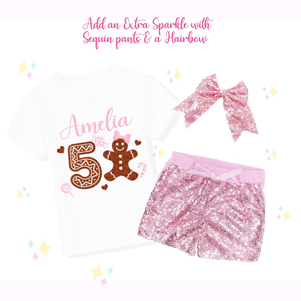 Custom Gingerbread Birthday Outfit, Custom Sparkle Glitter Shirt, Sequin Bellbottoms, Hairbow