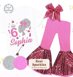 Sparkle Glitter Afro Doll Birthday Outfit, Personalized Birthday Shirt, Spa Birthday, Sequin Shorts or Bellbottoms, Hairbow - Pink