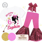 Sparkle Glitter Doll Birthday Outfit, Spa Birthday, Sequin Shorts or Bellbottoms, Hairbow