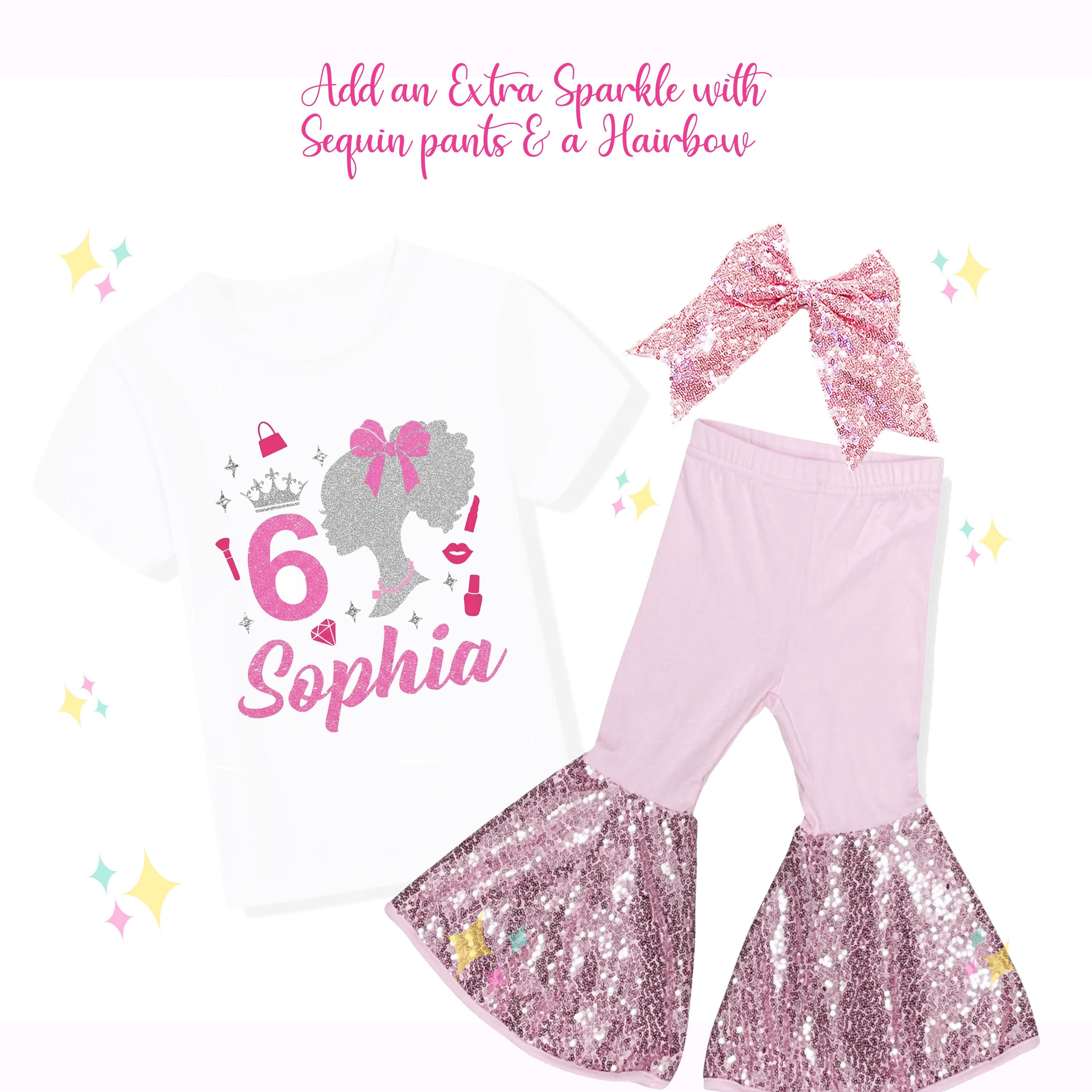 Custom Sparkle Glitter Doll Birthday Outfit, Spa Birthday, Sequin Shorts or Bellbottoms, Hairbow