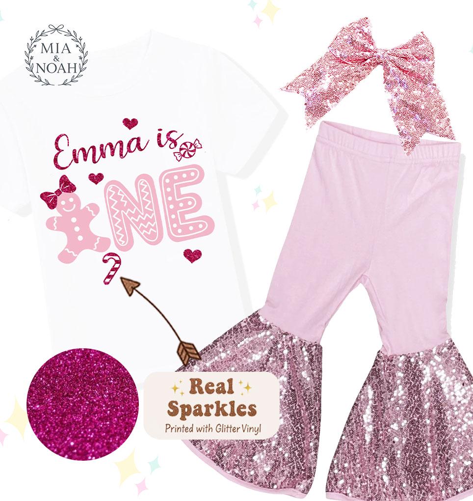 Personalized Pink Gingerbread Birthday Shirt, 1st Birthday, Sequin Shorts, Hairbow Set