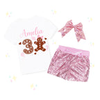 Custom Gingerbread Birthday Outfit, Custom Sparkle Glitter Shirt, Sequin Bellbottoms, Hairbow