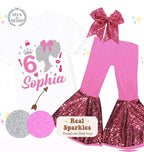 Custom Sparkle Glitter Doll Birthday Outfit, Spa Birthday, Sequin Shorts or Bellbottoms, Hairbow