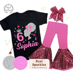 Custom Sparkle Glitter Doll Birthday Outfit, Spa Birthday, Sequin Shorts or Bellbottoms, Hairbow