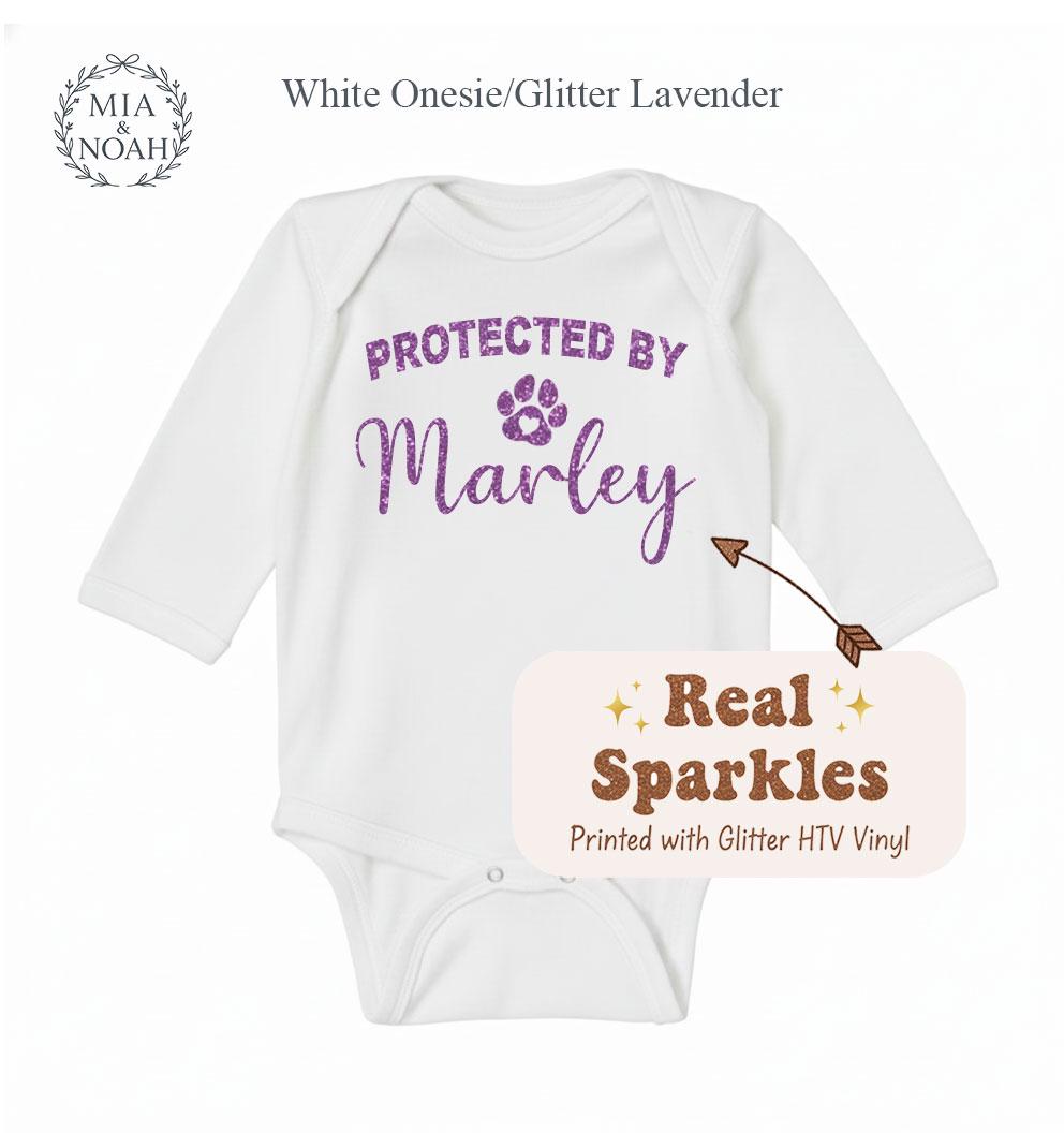 Personalized "Protected By Dog" Onesie, Custom Sparkle Glitter