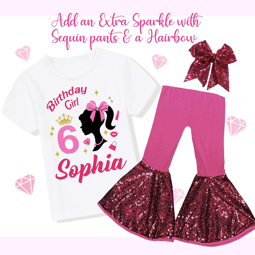 Sparkle Glitter Doll Birthday Outfit, Spa Birthday, Sequin Shorts or Bellbottoms, Hairbow