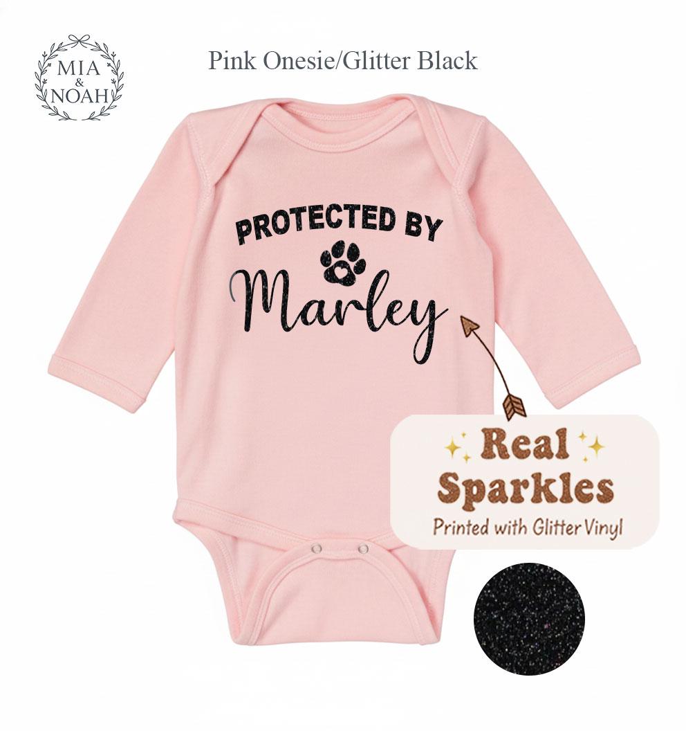 Personalized "Protected By Dog" Onesie, Custom Sparkle Glitter