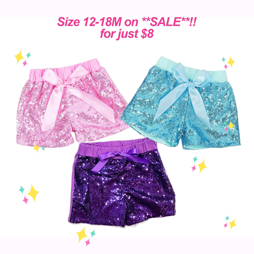 Sequin Sparkly Shorts • 12–18M Baby Girl Boutique Shorts  Light Pink, Light Blue, Purple Shorts