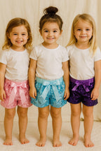 Sequin Sparkly Shorts • 12–18M Baby Girl Boutique Shorts  Light Pink, Light Blue, Purple Shorts
