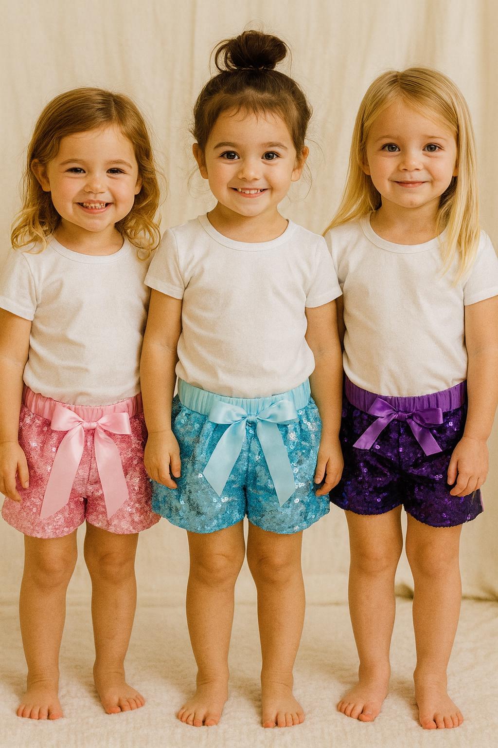 Sequin Sparkly Shorts • 12–18M Baby Girl Boutique Shorts  Light Pink, Light Blue, Purple Shorts