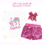 Custom Sparkle Glitter Doll Birthday Outfit, Spa Birthday, Sequin Shorts or Bellbottoms, Hairbow