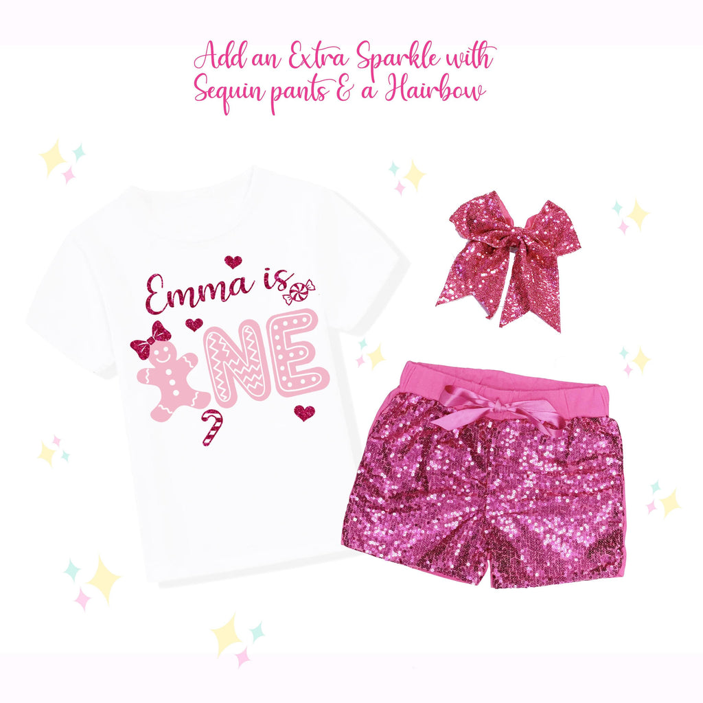 Personalized Pink Gingerbread Birthday Shirt, 1st Birthday, Sequin Shorts, Hairbow Set