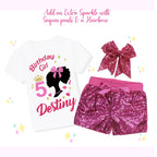 Sparkle Glitter Doll Birthday Outfit, Spa Birthday, Sequin Shorts or Bellbottoms, Hairbow