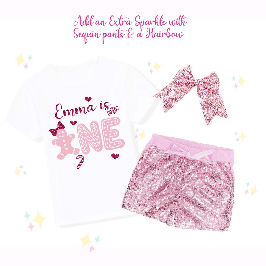 Personalized Pink Gingerbread Birthday Shirt, 1st Birthday, Sequin Shorts, Hairbow Set