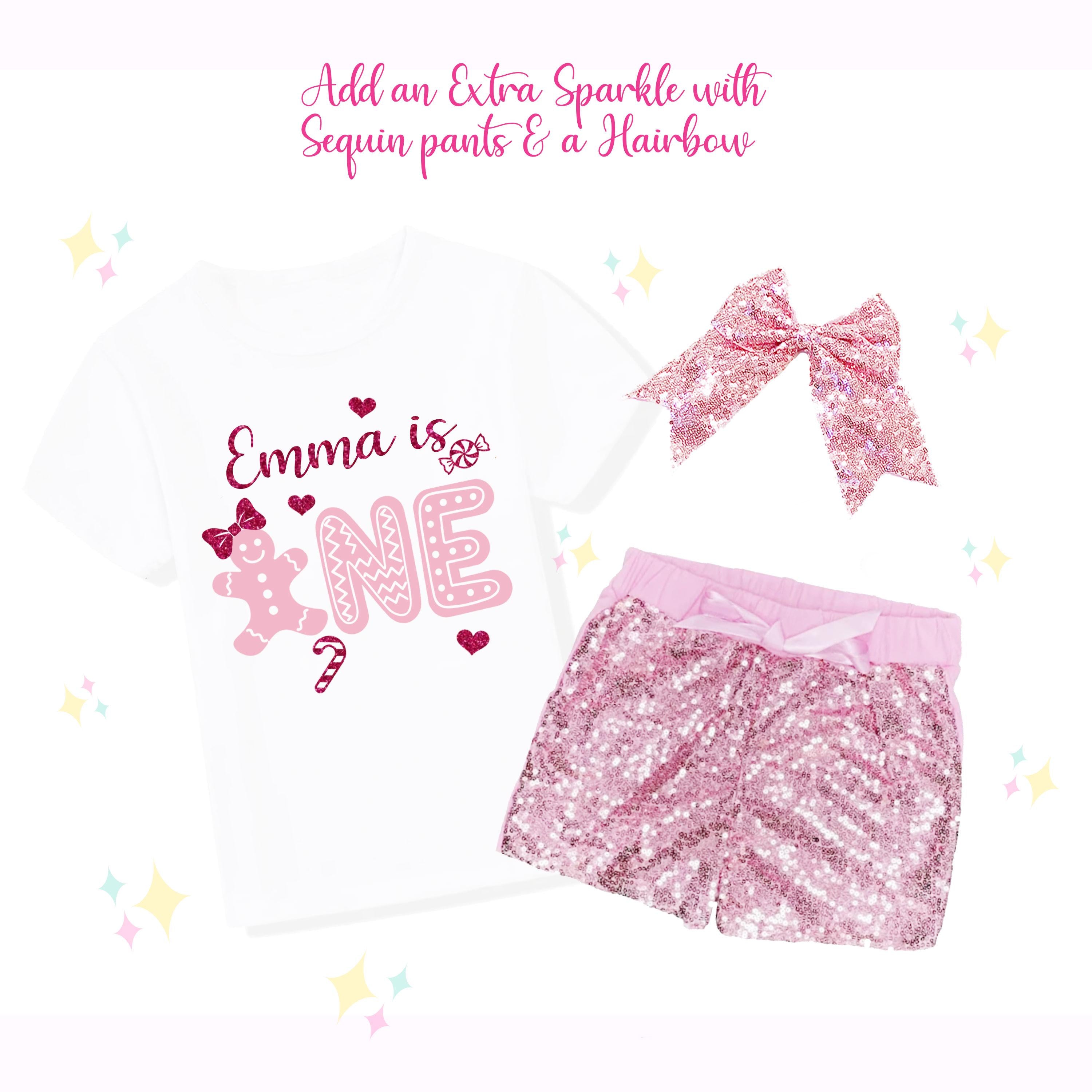 Personalized Pink Gingerbread Birthday Shirt, 1st Birthday, Sequin Shorts, Hairbow Set